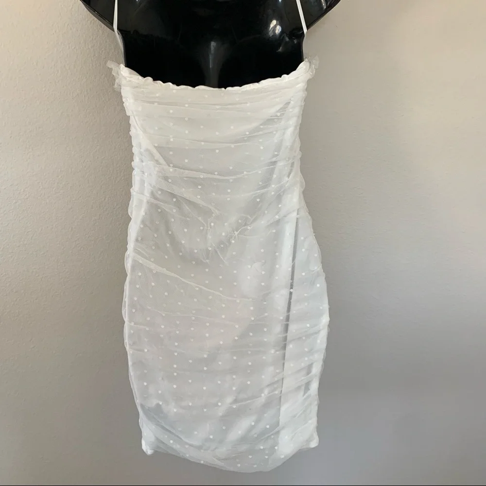 Princess Polly Ayesha White Ruched Polka Dot Ruched Lace Tie Bust Mini Dress - Picture 9 of 13